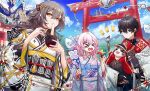  &gt;_&lt; 1boy 2girls black_gloves black_hair blue_kimono blue_sky bowl chopsticks cloud commentary_request cycrane_(honkai:_star_rail) dan_heng_(honkai:_star_rail) day fingerless_gloves food gloves grey_hair hair_between_eyes holding holding_bowl holding_chopsticks honkai:_star_rail honkai_(series) japanese_clothes kimono long_hair long_sleeves looking_at_viewer march_7th_(honkai:_star_rail) multiple_girls open_mouth outdoors pink_hair pokira pom-pom_(honkai:_star_rail) short_hair sky stelle_(honkai:_star_rail) torii trailblazer_(honkai:_star_rail) upper_body white_kimono wubbaboo_(honkai:_star_rail) yellow_eyes 