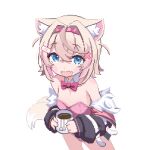  1girl :d animal_ear_fluff animal_ears bandaid bandaid_hair_ornament black_jacket blonde_hair blue_eyes blush_stickers bow bowtie breasts cowboy_shot crossed_bangs cup detached_collar dog_ears dog_girl fang from_above hair_ornament hairband hands_up holding holding_cup hololive hololive_english jacket leotard long_sleeves looking_at_viewer mococo_abyssgard mug multicolored_hair off_shoulder pink_bow pink_bowtie pink_hair pink_hairband pink_leotard pixel_art potato7192 short_hair skin_fang small_breasts smile solo strapless strapless_leotard streaked_hair teabag transparent_background variant_set virtual_youtuber x_hair_ornament 