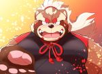  2020 anthro blush brown_body brown_fur canid canine clothing fur goemon_(tas) hi_res humanoid_hands kemono male mammal omo_kemo overweight overweight_male raccoon_dog robe solo tanuki tokyo_afterschool_summoners video_games 