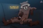 alcohol alcoholic_drink anthro balls beverage brown_body brown_fur dialogue drunk english_text fur genitals guardians_of_the_galaxy hi_res humanoid_genitalia humanoid_penis looking_at_viewer male mammal marvel nude open_mouth penis prismanoodle_(artist) procyonid raccoon rocket_raccoon simple_background smile solo substance_intoxication tail text