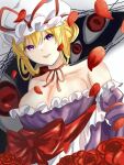  1girl bare_shoulders blonde_hair breasts cleavage collarbone dress dutch_angle flower frilled_dress frills gap_(touhou) hat hat_ribbon large_breasts looking_at_viewer mira_(user_ndxe8532) mob_cap purple_eyes red-bow red_flower red_rose ribbon rose smile solo touhou upper_body yakumo_yukari 