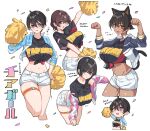  4girls @_@ animal_ears arm_up black_hair black_shirt blue_eyes blue_jacket breasts brown_eyes cat_ears cat_tail center-chan_(tapioka_(oekakitapioka)) cheerleader chibi commentary_request confetti dark-skinned_female dark_skin fake_animal_ears hair_between_eyes hand_on_own_hip hand_up holding holding_pom_poms jacket large_breasts leaning_forward leg_up long_sleeves looking_at_viewer midriff multiple_girls navel nervous off_shoulder one_eye_closed open_mouth original paw_pose pink_jacket pom_pom_(cheerleading) puffy_long_sleeves puffy_sleeves purple_eyes shirt short_hair short_sleeves shorts tail tapioka_(oekakitapioka) thigh_strap tied_shirt tomboy translation_request upper_body very_short_hair white_shorts 