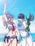  2girls :d alternate_costume alternate_hairstyle angewomon arm_up bare_shoulders beach bikini black_gloves black_headwear blue_bow blue_bowtie blue_sailor_collar blue_sky bow bowtie bracelet breasts claws cloud colored_skin covered_eyes cowboy_shot digimon digimon_(creature) elbow_gloves gerusyu gloves grey_headwear groin hair_up helmet helmet_over_eyes highres holding_hands interlocked_fingers jewelry ladydevimon large_breasts legs_apart lens_flare multiple_girls navel necktie ocean open_mouth ponytail red_eyes red_necktie sailor_collar sideboob single_elbow_glove sky smile standing stitches swimsuit uneven_eyes water white_bikini white_skin winged_helmet 