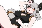  1girl :o absurdres animal_ears black_dress black_horns blush bolt_(min_lona) breasts china_dress chinese_clothes cleavage cleavage_cutout clothing_cutout dress goat_ears goat_girl goat_horns grey_hair hand_on_own_stomach highres horizontal_pupils horns large_breasts long_hair looking_at_viewer low-tied_long_hair lying min_lona on_back open_mouth original simple_background sleeveless sleeveless_dress solo very_long_hair white_background yellow_eyes 