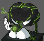 1_eye alien alien_humanoid ben_10 big_breasts big_butt black_body breasts butt cartoon_network computer computer_mouse dialogue electronics female galvanic_mechamorph gesture green_markings grey_background hi_res huge_butt humanoid markings nanodude78 simple_background solo text thick_thighs upgrade_(ben_10) waving white_body wide_hips