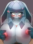&lt;3 2024 anthro areola artist_name big_breasts black_nose blue_sclera blush bodily_fluids breast_play breasts duo eeveelution erection eyelashes female first_person_view floppy_ears fullpillow_(artist) generation_4_pokemon genital_fluids genitals glaceon grey_background hi_res holding_breast huge_breasts human human_on_anthro interspecies long_ears looking_at_viewer male male/female mammal nintendo nipple_dip nipples penis pokemon pokemon_(species) precum pubes sex simple_background smile titfuck white_eyes