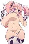  1girl animal_print breasts curvy fang heart heart-shaped_pupils highres large_breasts oppai_loli original pink_hair shiroie_mika simple_background skin_fang solo stomach symbol-shaped_pupils thighhighs twintails underboob white_background 
