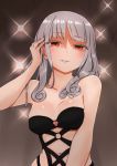  1girl bangs bare_arms bare_shoulders breasts brown_eyes carmilla_(fate/grand_order) cleavage collarbone colored_eyelashes eyebrows_visible_through_hair fate/grand_order fate_(series) grey_hair half-closed_eyes hand_up highres i.u.y long_hair medium_breasts navel o-ring parted_lips revealing_clothes solo stage_lights 