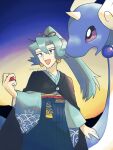  1girl artist_name blue_eyes blue_hair blue_skin chinese_zodiac clair_(pokemon) colored_skin commentary_request crescent crescent_earrings dragonair earrings eyelashes head_wings high_ponytail highres holding holding_poke_ball horns japanese_clothes jewelry kimono long_hair open_mouth poke_ball pokemon pokemon_(creature) pokemon_hgss purple_eyes rising147 single_horn snake twitter_username two-tone_background wings year_of_the_dragon 
