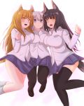  animal_humanoid big_breasts blush breasts clothed clothing female group hi_res humanoid legwear nao_(artist) school_uniform simple_background thigh_highs uniform white_background 