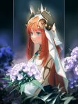  1girl absurdres blue_eyes blue_gemstone blurry blurry_background bouquet brooch circlet coppr fake_horns floral_background flower from_side gem genshin_impact gold_trim harem_outfit highres holding holding_bouquet horns jewelry long_hair long_sleeves looking_ahead neck_ring nilou_(genshin_impact) parted_bangs puffy_long_sleeves puffy_sleeves red_hair sidelocks signature smile solo twitter_username upper_body veil white_flower white_headdress white_veil 