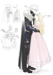  1boy 1girl absurdres ahoge black_cape blonde_hair blue_coat blue_eyes cape coat dress frilled_sleeves frills height_difference highres iske_van_omerta juliet_sleeves long_hair long_sleeves nampyeoneul_nae_pyeoneuro_mandeuneun_bangbeop pink_dress puffy_sleeves red_eyes rudbeckia_de_borgia simple_background standing tachibana_hiyori translation_request white_background white_hair 