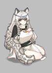 1girl absurdres animal_ear_fluff animal_ears arknights black_capelet braid breasts bright_pupils capelet dress grey_background grey_eyes grey_hair hand_on_own_chest highres jewelry large_breasts leopard_ears leopard_girl leopard_tail long_hair looking_at_viewer necklace pramanix_(arknights) side_braids simple_background sitting solo tail tiara turtleneck very_long_hair white_dress white_pupils zommeva 