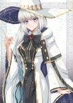  aowasa blue_eyes breasts cloak cosplay fate/grand_order fate_(series) hair_over_shoulder hat large_breasts morgan_le_fay_(fate) pointing pointing_up star_(symbol) tonelico_(fate) tonelico_(fate)_(cosplay) two-tone_dress white_cloak white_hair white_headwear wide_sleeves witch_hat 