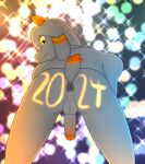 anthro anus balls bovid butt caprine fireworks floppy_ears fur genitals glans glowing glowing_eyes goat grey_body grey_fur gusta gusta_(gusta) hair hi_res holidays horn looking_at_viewer looking_back looking_back_at_viewer male mammal new_year new_year_2024 nude orange_eyes orange_glans orange_horn orange_stripes penis presenting presenting_hindquarters rear_view short_tail solo stripes tail writing_on_butt