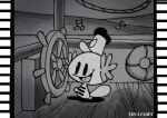  1920s_(style) 1other boat disney greyscale highres monochrome no_humans pokemon pokemon_(creature) projector saba_hokke ship&#039;s_wheel steamboat_willie tapping_foot walt_disney_(style) watercraft wooper 