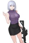  1girl alternate_costume arm_up black_skirt breasts corrupted_twitter_file cowboy_shot finger_heart girls&#039;_frontline grey_hair gun heart highres holding holding_gun holding_weapon light_machine_gun parted_lips purple_eyes ribbed_sweater rpk-16 rpk-16_(girls&#039;_frontline) seilindekos short_hair skirt sleeveless sleeveless_sweater sleeveless_turtleneck smile solo sweater turtleneck turtleneck_sweater weapon white_background 