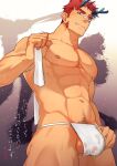  1boy abs bara dragon_boy dragon_girl fundoshi hidora_art highres holding holding_towel japanese_clothes large_pectorals looking_at_viewer male_focus male_pubic_hair muscular muscular_male navel nipples original pectorals pubic_hair red_hair see-through short_hair smile solo testicles towel translation_request 