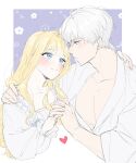  1boy 1girl blonde_hair blue_eyes blush closed_mouth dress elenia_van_omerta heart hetero highres holding_hands iske_van_omerta ivan_(htgmhoms) long_hair looking_at_another nampyeoneul_nae_pyeoneuro_mandeuneun_bangbeop open_clothes open_shirt rudbeckia_de_borgia shirt smile tachibana_hiyori upper_body white_dress white_shirt 