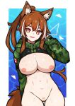  1girl absurdres after_paizuri animal_ear_fluff animal_ears bacon_strips breasts brown_hair camouflage canadian_flag cum cum_on_body cum_on_breasts digital_camouflage dog_ears highres large_breasts long_hair looking_at_viewer nipples open_mouth original pubic_hair pussy solo 