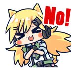  &gt;_&lt; 1girl :d animal_ears belt black_shorts blonde_hair blush_stickers cat_ears cat_tail chibi chinese_commentary commentary_request crossed_arms diagonal-striped_necktie facing_viewer fingerless_gloves girls&#039;_frontline gloves green_belt green_gloves green_necktie hair_between_eyes hair_ornament hairclip headset highres idw_(girls&#039;_frontline) long_hair necktie no no_(gesture) official_art open_mouth shirt shorts simple_background sleeves_rolled_up smile snap-fit_buckle solo su_xiao_jei suspender_shorts suspenders tail twintails upper_body white_background white_shirt xd 