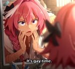  1boy astolfo_(fate) bar_soap bars black_bow blurry blurry_foreground bow braid commentary d: english_text fate/apocrypha fate_(series) faucet hair_between_eyes hair_bow highres khyle. looking_at_mirror male_focus mirror otoko_no_ko pink_hair prison_cell purple_eyes reflection toothbrush towel towel_around_neck upper_body water 