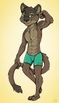  3_toes 4_fingers anthro bad_guy_cafe blep boxers_(clothing) brown_body brown_fur clothing euplerid fingers fossa fur green_eyes hi_res male mammal simon_fossa toes tongue tongue_out underwear ziegelzeig 