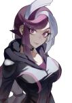  1girl bodysuit breasts collarbone ghost_girl_(yu-gi-oh!_vrains) grey_hair highres hood hood_down large_breasts long_hair looking_at_viewer multicolored_hair o_o_oim purple_eyes purple_hair solo two-tone_hair very_long_hair yu-gi-oh! yu-gi-oh!_vrains 