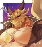  1boy bara bare_pectorals border broken_fang chest_jewel close-up closed_mouth dragon_boy dragon_horns egg furry furry_male fuyodo highres horns huge_pectorals jacket jewelry looking_at_viewer male_focus muscular muscular_male open_clothes open_jacket ophion_(housamo) outside_border pectorals pendant red_eyes scales seductive_smile signature sky smile solo sparkle star_(sky) starry_sky tokyo_afterschool_summoners white_border 