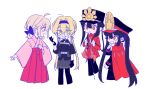  4girls alternate_hairstyle black_bow black_hair blonde_hair bow cape cowboy_shot dress family_crest fate/grand_order fate_(series) fiery_hair genderswap genderswap_(mtf) glass green_eyes hair_between_eyes hair_bow hat japanese_clothes long_hair long_sleeves looking_at_viewer medallion military_hat multiple_girls nicole_lowenbrau_(sempon_(doppio_note)) oda_nobukatsu_(fate) oda_nobunaga_(fate) oda_uri official_alternate_costume okita_souji_(fate) open_mouth parted_lips peaked_cap ponytail red_cape red_eyes sempon_(doppio_note) shirt siblings simple_background skirt smile sweatdrop twintails white_background 