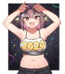  1girl 2024 :3 :d armpits belly breasts crop_top earrings fang fireworks hair_bun happy_new_year highres holding_fireworks jewelry kuronami616 looking_at_viewer mole mole_on_breast new_year original self-upload short_hair simple_background smile sparkle sparkling_eyes 