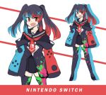  1girl :d absurdres black_hair black_skirt blue_hair eyebrows_visible_through_hair fang hair_ornament highres hinghoi long_hair long_sleeves looking_at_viewer multicolored_hair multiple_views nintendo_switch nintendo_switch_(personification) open_mouth original paint_stains personification red_eyes red_hair sailor_collar school_uniform serafuku sketch skirt sleeves_past_wrists smile thighhighs twintails v-shaped_eyebrows 