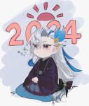  1boy 2024 alternate_costume black_bow black_robe black_shirt blue_hair blue_pants border bow closed_mouth commentary_request feather_hair_ornament feathers genshin_impact gold_trim grey_background grey_hair hair_between_eyes hair_bow hair_ornament highres japanese_clothes long_hair long_sleeves looking_to_the_side low-tied_long_hair male_focus multicolored_hair neuvillette_(genshin_impact) nuko_0108 open_clothes open_robe outside_border pants pillow pointy_ears pom_pom_(clothes) purple_eyes robe seiza shirt simple_background sitting solo sparkle two-tone_hair v-shaped_eyebrows white_border wide_sleeves 