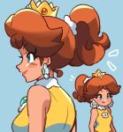  1girl blue_background blue_eyes blush brown_hair crown dress earrings eyelashes flower_brooch flower_earrings from_side hair_focus jewelry loveycloud mario_(series) multiple_views notice_lines orange_lips ponytail princess_daisy simple_background sleeveless solo yellow_dress 