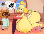  absurd_res aloha_shirt animal_crossing anthro big_breasts big_butt blush bored breast_expansion breasts butt butt_expansion canid canine canis chair dialogue domestic_dog duo english_text female food fruit furniture hi_res huge_breasts huge_butt hyper hyper_breasts inside isabelle_(animal_crossing) looking_at_another male mammal nintendo onomatopoeia peach_(fruit) plant raccoon_dog shih_tzu shmeepo sound_effects standing swivel_chair tanuki text tom_nook_(animal_crossing) toy_dog video_games window worried 