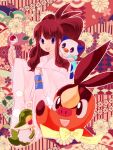  1girl blue_eyes brown_hair floral_background hilda_(pokemon) japanese_clothes kimono long_hair looking_at_viewer mogemomomo new_year open_mouth oshawott poke_ball poke_ball_(basic) pokemon pokemon_(creature) pokemon_bw smile snivy tepig 