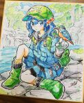  1girl adapted_costume backpack bag bird bird_on_hand blue_eyes blue_hair blue_jacket blue_skirt boots closed_mouth commentary doggo_1d34 full_body gloves green_bag green_footwear green_headwear hair_bobbles hair_ornament hatching_(texture) highres jacket kawashiro_nitori kingfisher knee_up long_sleeves looking_at_viewer medium_hair nature outdoors outline pleated_skirt rock shikishi signature sitting skirt socks solo touhou traditional_media tree two_side_up water white_gloves white_outline 