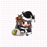  1girl @_@ animal_on_head bandaid bandaid_on_cheek bandaid_on_clothes bandaid_on_face black_coat black_footwear black_headwear black_santa_costume brown_hair bug cable cable_tail chibi coat commentary ear_piercing electric_plug english_commentary fang full_body fur-trimmed_coat fur-trimmed_headwear fur_trim grid_background hat holding holding_sack long_hair mechanical_tail meme mole mole_under_eye moth neck_ribbon on_head open_mouth original outline padoru_(meme) piercing red_eyes ribbon sack santa_costume santa_hat smile solo standing tail twitter_username very_long_hair vickie_(cryingrobot) vickie_(cryingrobot)_(character) white_background white_outline year_2000_problem 