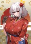  1girl absurdres azur_lane black_gloves blush crossed_bangs dango floral_print floral_print_kimono flower food gloves hair_flower hair_ornament hand_up happy_new_year highres holding holding_skewer japanese_clothes kimono long_sleeves looking_at_viewer parted_lips red_eyes red_flower red_kimono sanshoku_dango short_hair sirius_(azur_lane) skewer solo ueyama_0clock upper_body wagashi white_flower white_hair wide_sleeves 