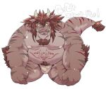 anthro asian_clothing asian_mythology belly breasts chinese_zodiac clothing dragon east_asian_clothing east_asian_mythology eastern_dragon fundoshi fur hair hi_res horn humanoid_hands japanese_clothing kemono looking_at_viewer male moobs mostly_nude mythology new_year_2024 nipples overweight overweight_male pubes scar simple_background solo suishou0602 text underwear year_of_the_dragon