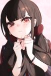  1girl absurdres blush brown_hair danganronpa_(series) danganronpa_v3:_killing_harmony hair_ornament hair_scrunchie hands_up harukawa_maki highres long_hair long_sleeves looking_at_viewer mole mole_under_eye nakiyande pout red_eyes red_scrunchie red_shirt scrunchie shirt solo tearing_up upper_body 