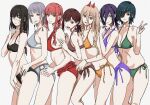  2024 6+girls bare_legs bikini black_bikini blush braid braided_ponytail breasts brown_bikini chainsaw_man commentary cross-shaped_pupils demon_horns eyepatch fami_(chainsaw_man) feet_out_of_frame frilled_bikini frills from_side green_bikini grey_bikini hair_between_eyes happy_new_year higashiyama_kobeni himeno_(chainsaw_man) horns long_bangs looking_at_viewer looking_to_the_side makima_(chainsaw_man) medium_breasts mole mole_under_eye multiple_girls navel power_(chainsaw_man) purple_bikini red_bikini reze_(chainsaw_man) ringed_eyes scar scar_on_face shiren_(ourboy83) short_ponytail siblings side-tie_bikini_bottom sidelocks simple_background sisters small_breasts smile stomach string_bikini swimsuit symbol-shaped_pupils v yellow_bikini yoru_(chainsaw_man) 