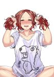  1girl bbb577 blush breasts chinese_commentary commentary_request highres holding holding_hair indian_style large_breasts no_pants open_mouth original red_eyes red_hair shirt sitting solo sweatdrop t-shirt 