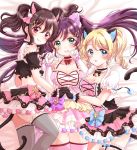  3girls animal_ears ayase_eli bangs bed_sheet bell bell_choker black_gloves black_hair black_legwear blue_bow blue_eyes blush bow breasts cat_ears cat_tail choker cleavage clenched_hands collarbone crop_top detached_sleeves dress elbow_gloves eneco frills gloves green_eyes group_name hands_up highres holding_hands jingle_bell letter_hair_ornament long_hair looking_at_viewer looking_back love_live! love_live!_school_idol_project lying medium_breasts multiple_girls on_back on_side pink_bow pink_legwear pom_pom_(clothes) ponytail purple_bow purple_hair red_eyes short_sleeves sidelocks smile tail touhou toujou_nozomi twintails white_gloves yazawa_nico 