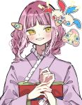  1girl alcremie blush commentary_request curtained_hair ino_climate japanese_clothes kimono lacey_(pokemon) medium_bangs medium_hair minun plusle pokemon pokemon_(creature) pokemon_sv purple_hair purple_kimono simple_background smile teeth upper_body white_background yellow_eyes 