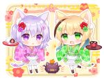  2024 2girls :d :o animal_ear_fluff animal_ears blonde_hair blue_hair blush boots bowl brown_footwear brown_hair cat_ears cat_girl cat_tail chibi chopsticks commentary_request cross-laced_footwear daifuku floral_print flower food green_eyes green_flower green_kimono hair_between_eyes hair_flower hair_ornament happy_new_year highres holding holding_tray ichigo_daifuku japanese_clothes kimono lace-up_boots long_sleeves mochi multicolored_hair multiple_girls nengajou new_year obi original parted_lips print_kimono purple_eyes purple_flower purple_hair purple_kimono red_flower sash shikito sleeves_past_wrists smile standing standing_on_one_leg streaked_hair tail tail_flower tail_ornament thighhighs thighhighs_under_boots tray two-tone_hair two_side_up wagashi white_thighhighs wide_sleeves yagasuri 