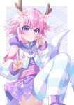  1girl adapted_costume binato_lulu breasts dragon_girl dragon_horns dragon_tail flower hair_between_eyes hair_flower hair_ornament highres horns japanese_clothes looking_at_viewer neptune_(neptunia) neptune_(series) pink_hair purple_eyes sash short_hair solo striped striped_thighhighs tail thighhighs v 