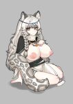  1girl absurdres animal_ear_fluff animal_ears arknights black_capelet braid breasts breasts_out bright_pupils capelet dress grey_background grey_eyes grey_hair hand_on_own_chest highres huge_breasts jewelry leopard_ears leopard_girl leopard_tail long_hair looking_at_viewer necklace nipples pramanix_(arknights) side_braids simple_background sitting solo tail tiara turtleneck very_long_hair white_dress white_pupils zommeva 