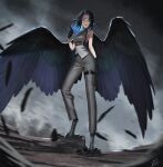  1girl absurdres black_gloves black_hair blue_hair colored_inner_hair commentary_request commission digitigrade fantasy feathered_wings feathers gloves green_eyes highres ikasamahideo multicolored_hair original pants pixiv_commission solo standing talons two-tone_hair vest wing_ears wings 