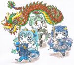  3girls animal_ears bare_shoulders blue_eyes blue_hair blush bow bowtie brown_eyes capelet chinese_water_dragon_(kemono_friends) chinese_zodiac choker detached_sleeves dragon dragon_girl dragon_tail dress eastern_dragon frilled_hairband frills gloves green_hair green_shorts green_sleeves grey_hair hair_between_eyes hairband hat hood jacket kemono_friends kemono_friends_3 kemono_friends_pavilion komodo_dragon_(kemono_friends) lizard_tail long_hair long_sleeves looking_at_viewer multicolored_hair multiple_girls necktie open_mouth pantyhose seiryuu_(kemono_friends) shirt short_shorts shorts simple_background skirt smile stick tail twintails van_der_waals_(okb_001) year_of_the_dragon 